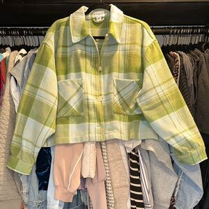 For The Republic Green and White Plaid Teddy Jacket